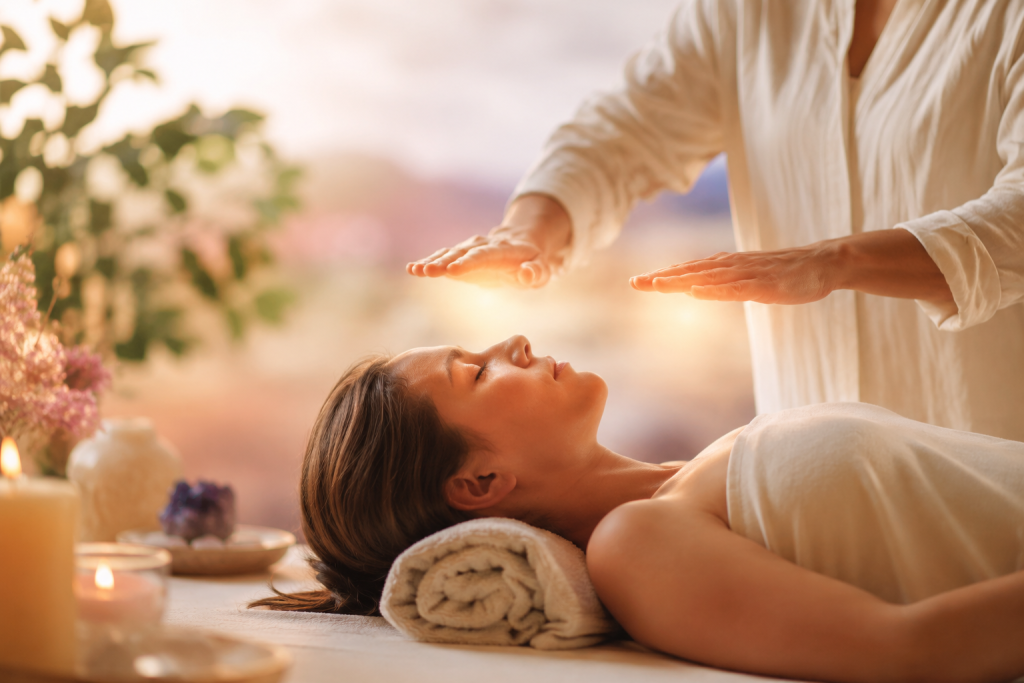 Un praticien reiki fait un envoi à une personne dans un décor zen. De l’énergie sort de ses mains.